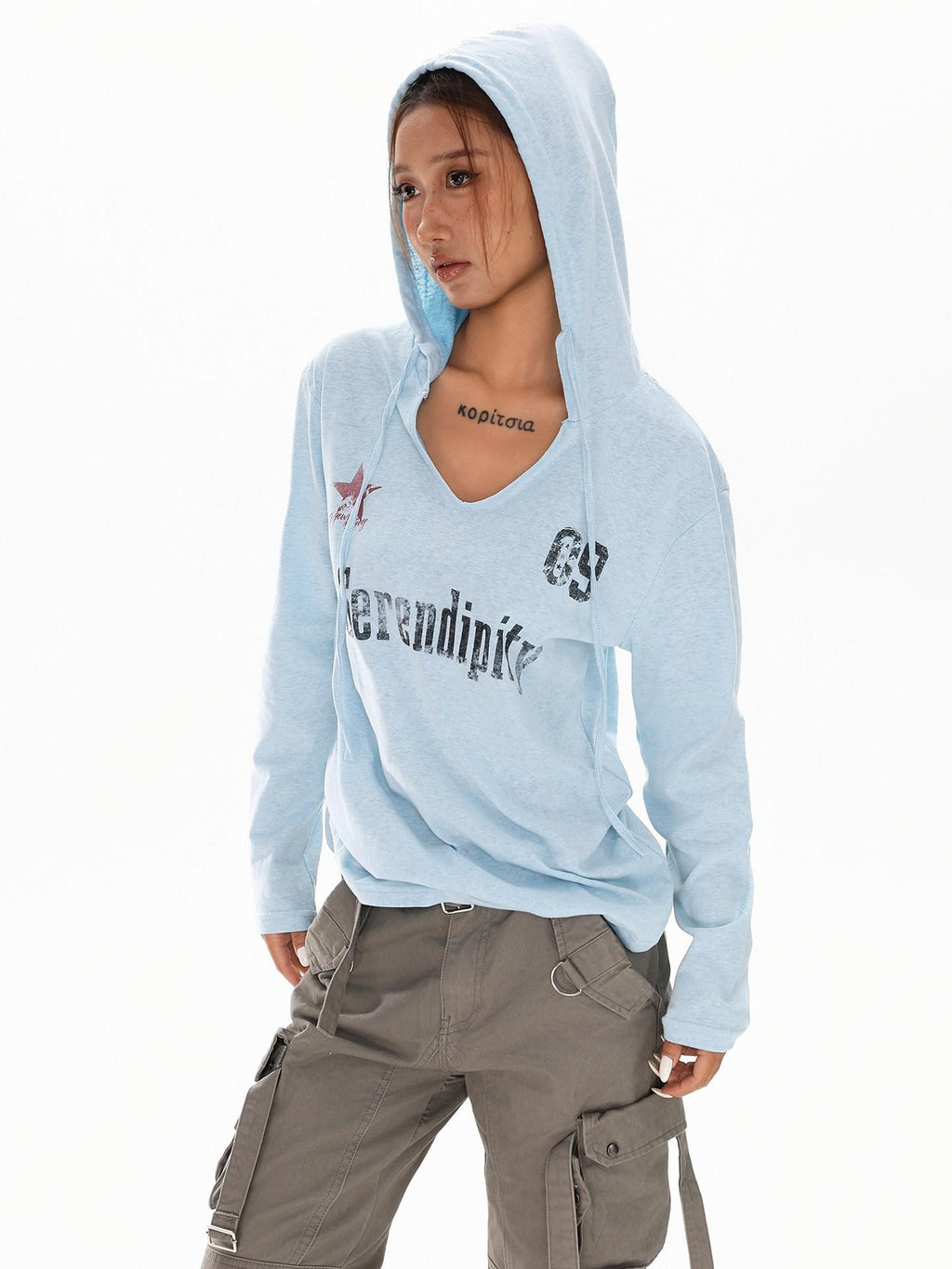 XPKAEAX Blue Gray Hooded Alphanumeric Print Slim Women's Breathable Long Sleeve T-shirts