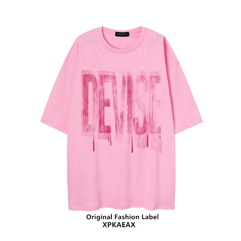 XPKAEAX Blurred Letter Print Drop Shoulder Loose Women's Short Sleeve T Shirts 697016498537