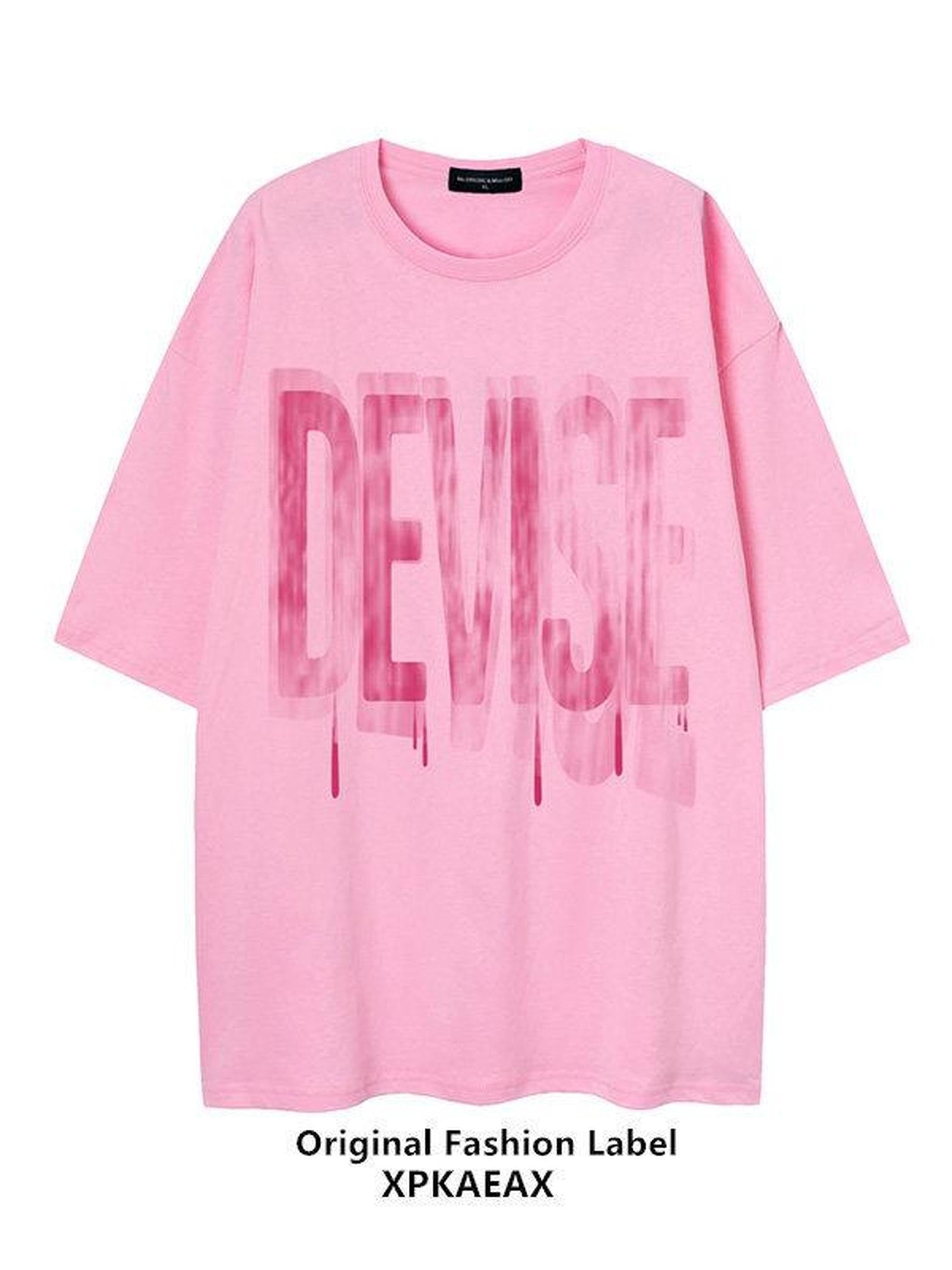XPKAEAX Blurred Letter Print Drop Shoulder Loose Women's Short Sleeve T Shirts
