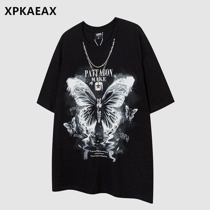 XPKAEAX Butterfly Print Crew Neck Drop Shoulder Women's Short Sleeve T-shirts 774509374603