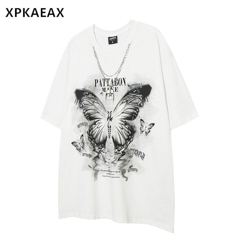 XPKAEAX Butterfly Print Crew Neck Drop Shoulder Women's Short Sleeve T-shirts 774509374603