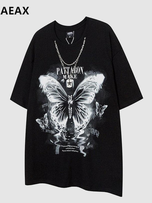 XPKAEAX Butterfly Print Crew Neck Drop Shoulder Women's Short Sleeve T-shirts