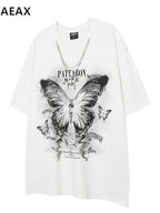 XPKAEAX Butterfly Print Crew Neck Drop Shoulder Women's Short Sleeve T-shirts