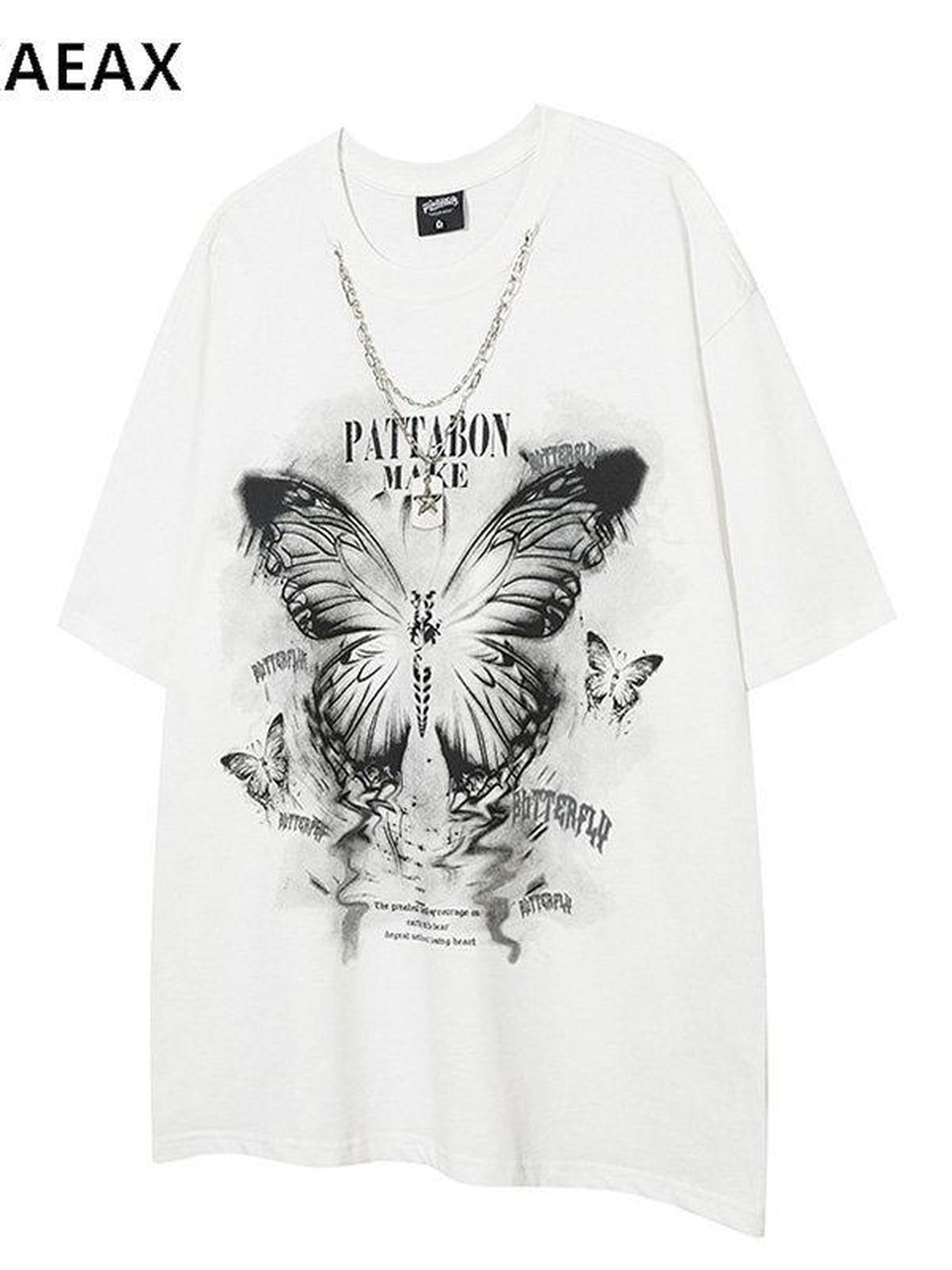 XPKAEAX Butterfly Print Crew Neck Drop Shoulder Women's Short Sleeve T-shirts