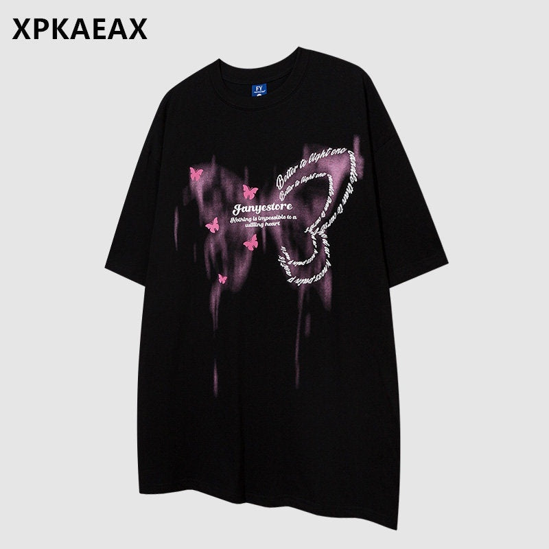 XPKAEAX Butterfly Print Drop Shoulder Women's Breathable Loose Short Sleeve T-shirts 769357241567