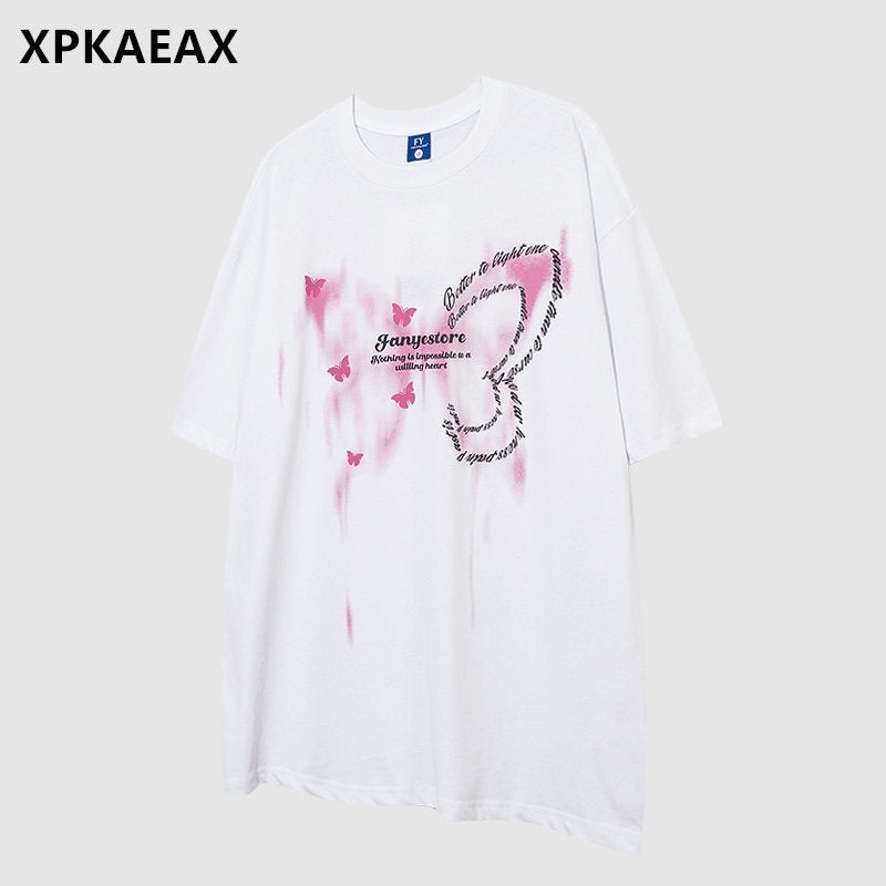XPKAEAX Butterfly Print Drop Shoulder Women's Breathable Loose Short Sleeve T-shirts 769357241567
