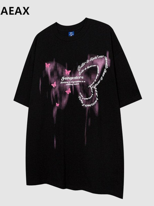 XPKAEAX Butterfly Print Drop Shoulder Women's Breathable Loose Short Sleeve T-shirts