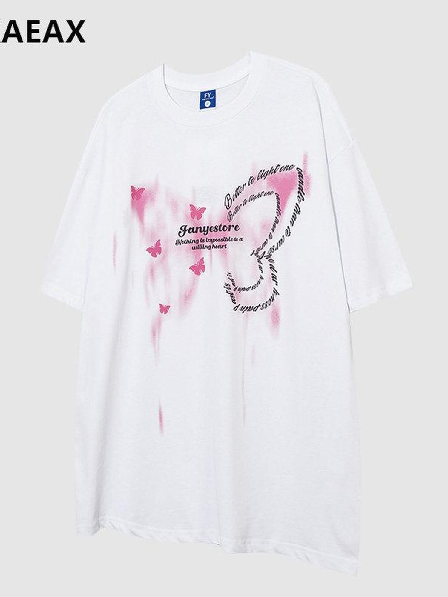 XPKAEAX Butterfly Print Drop Shoulder Women's Breathable Loose Short Sleeve T-shirts