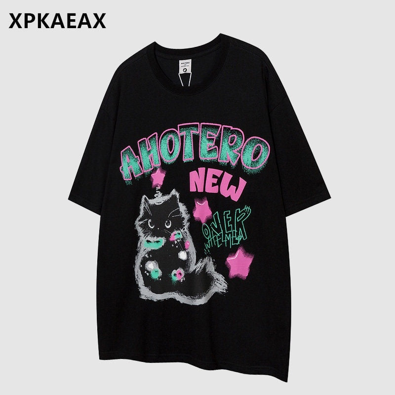 XPKAEAX Cartoon Print Drop Shoulder Loose Women's Breathable Short Sleeve T-shirts 768301569752