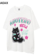 XPKAEAX Cartoon Print Drop Shoulder Loose Women's Breathable Short Sleeve T-shirts