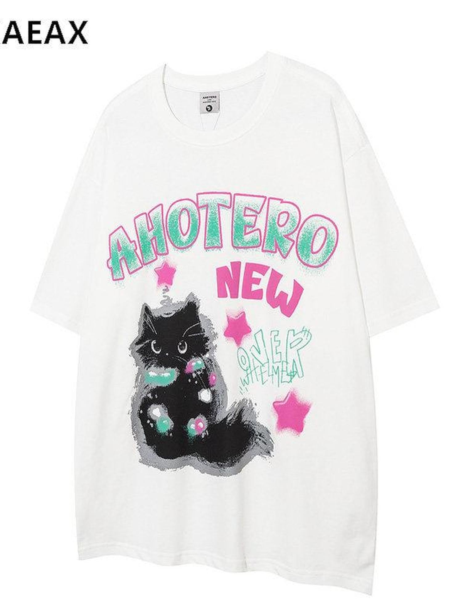 XPKAEAX Cartoon Print Drop Shoulder Loose Women's Breathable Short Sleeve T-shirts