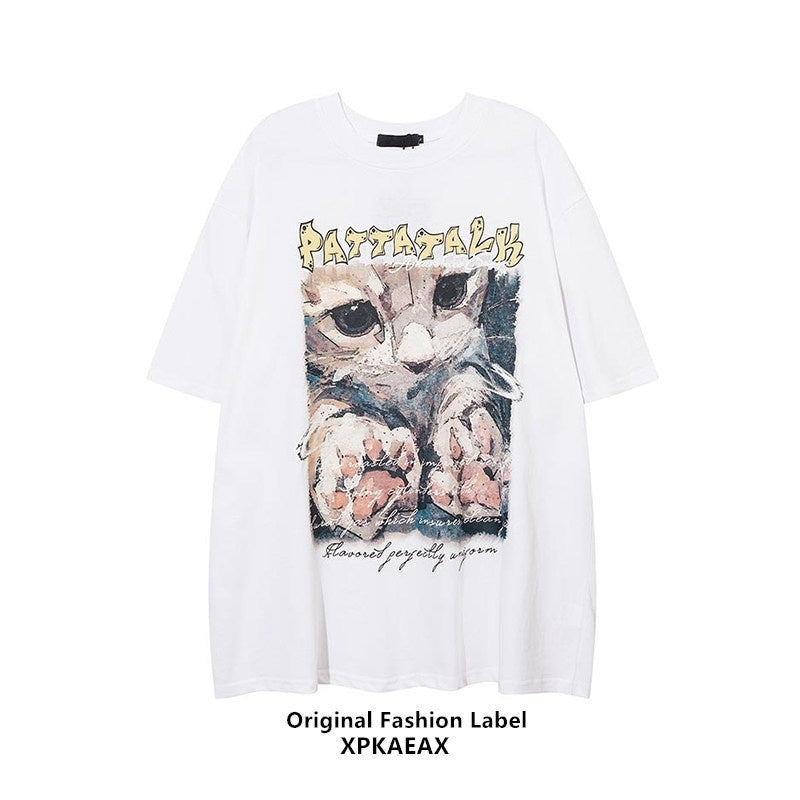 XPKAEAX Cat Print Oversized Drop Shoulder Loose Women's Breathable Short Sleeve T-shirts 718534523251