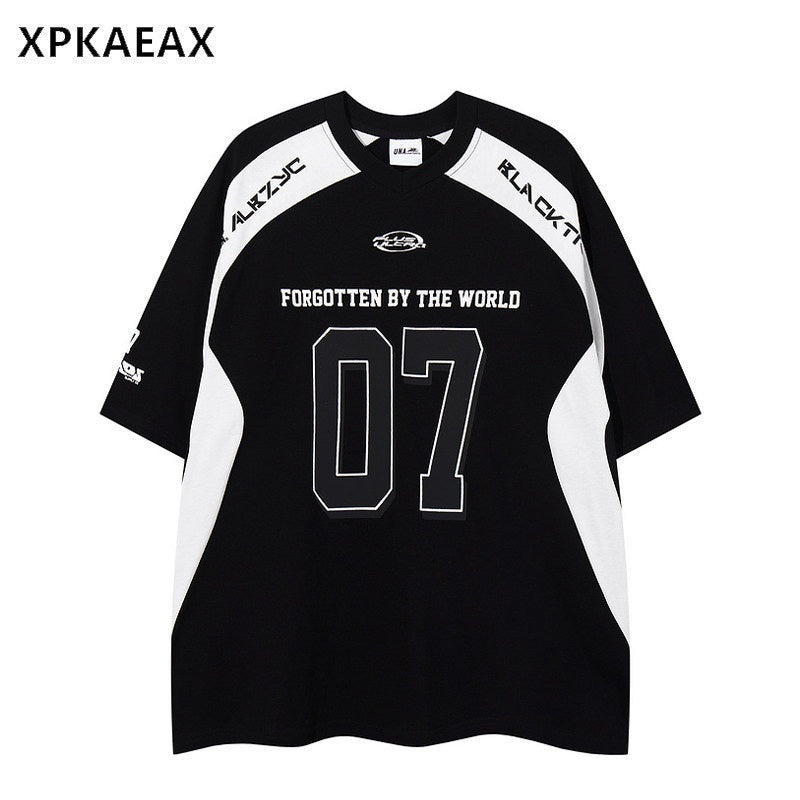 XPKAEAX Colorblock Letter Print Dropped Shoulder Women's Short Sleeve T-shirts 891194579465