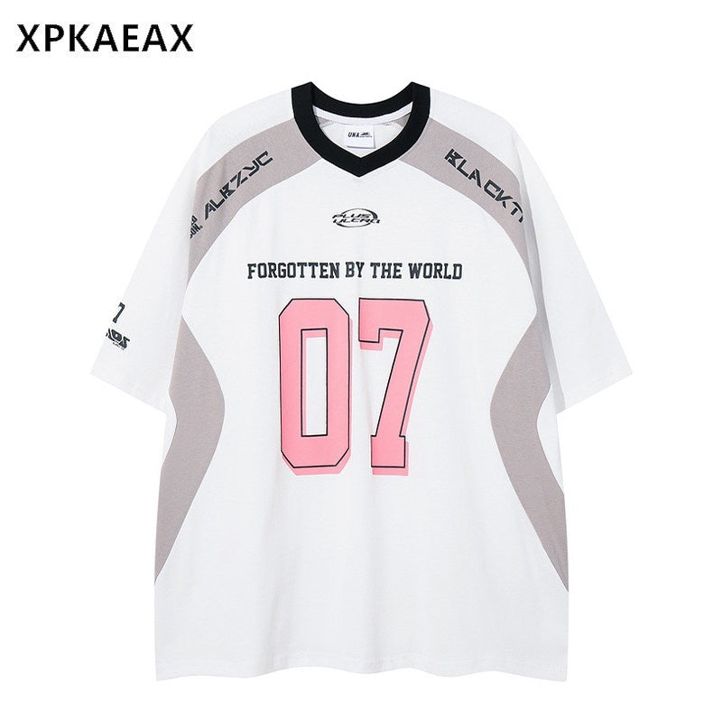 XPKAEAX Colorblock Letter Print Dropped Shoulder Women's Short Sleeve T-shirts 891194579465