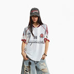 XPKAEAX Colorblock Print Mesh V-neck Loose Women's Polyester Short Sleeve T-shirts 1049581380113