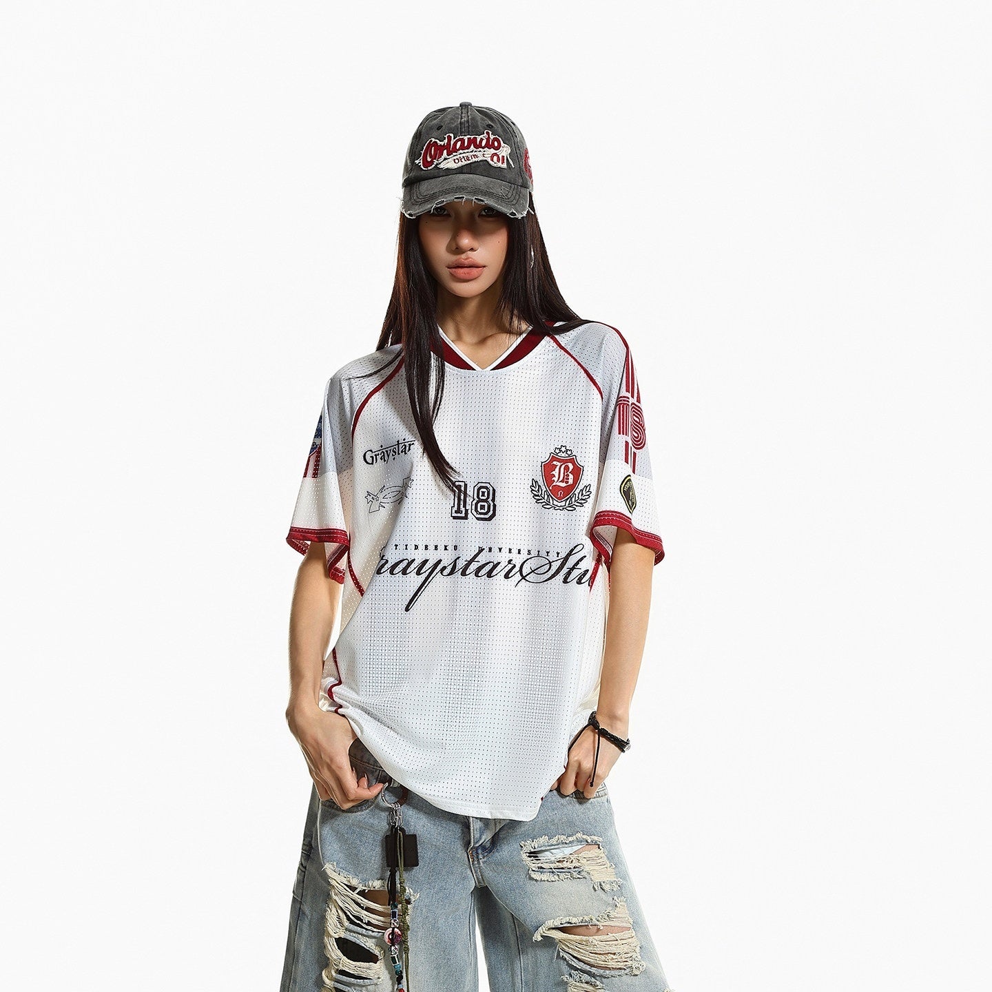 XPKAEAX Colorblock Print Mesh V-neck Loose Women's Polyester Short Sleeve T-shirts 1049581380113