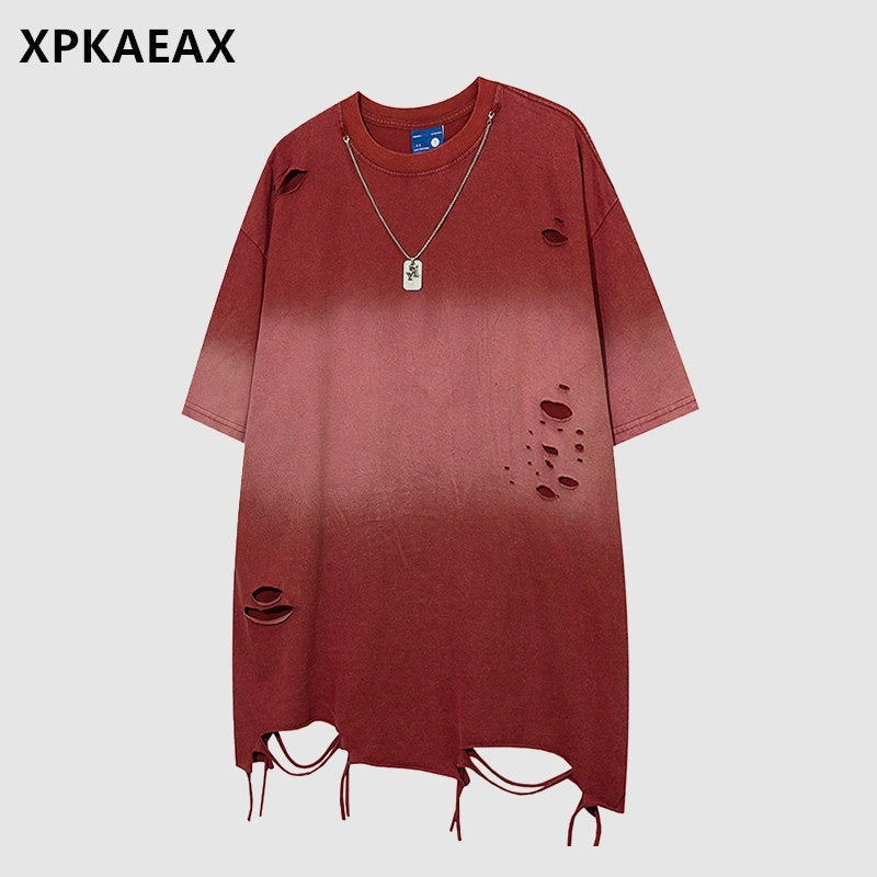 XPKAEAX Colorblock Washed Ripped Print Women's Other Short Sleeve T-shirts 763208962044