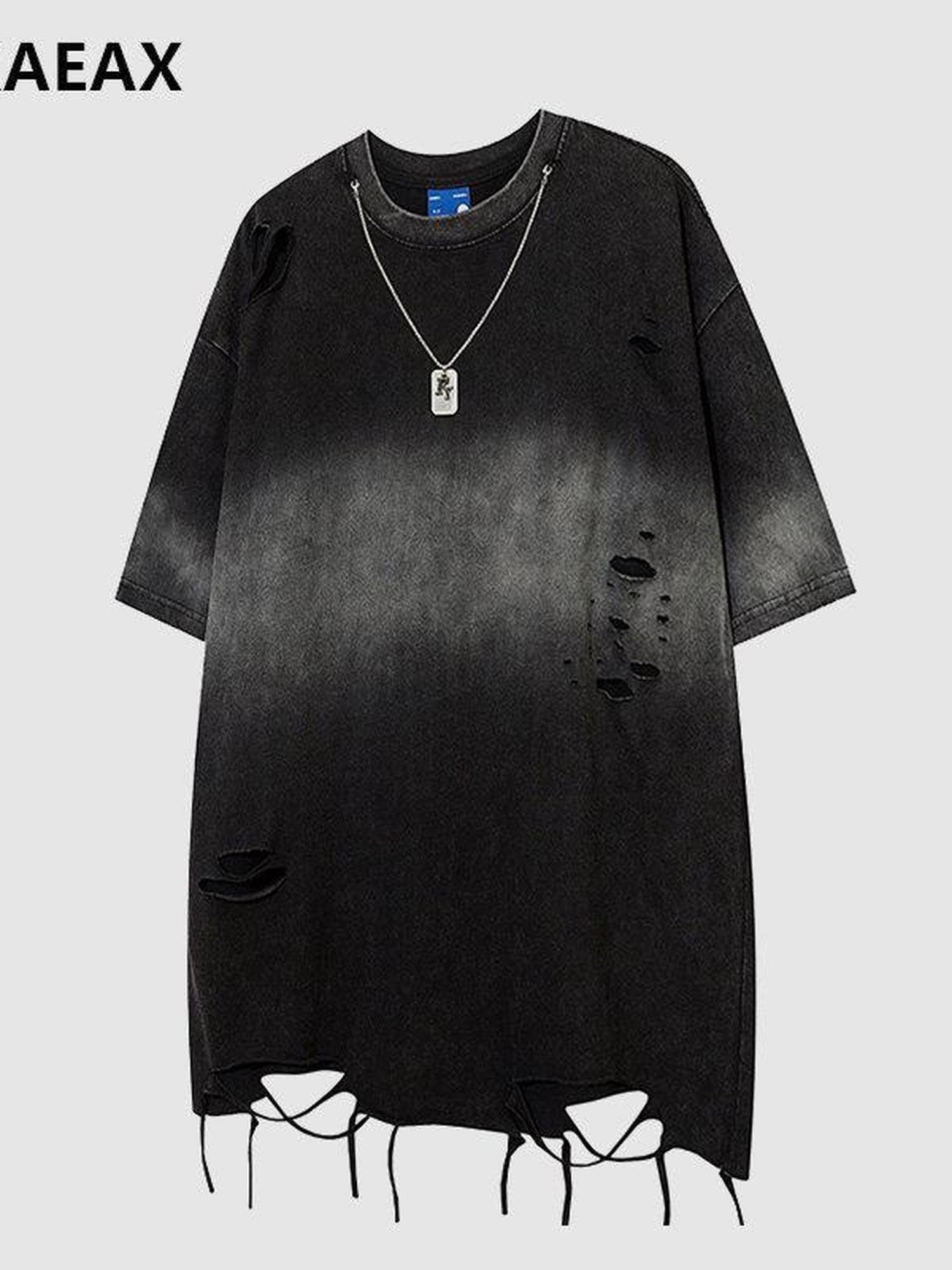 XPKAEAX Colorblock Washed Ripped Print Women's Other Short Sleeve T-shirts