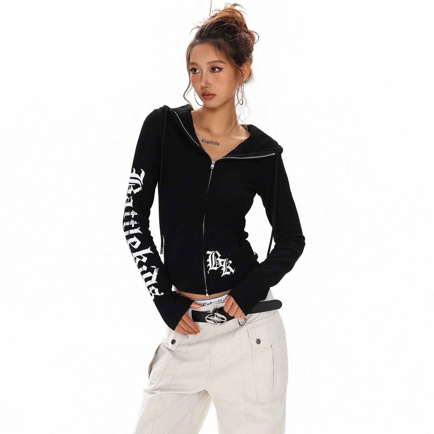 XPKAEAX Cropped Gothic Cross Print Hooded Zip Slim Women's Sweatshirts 970527720592