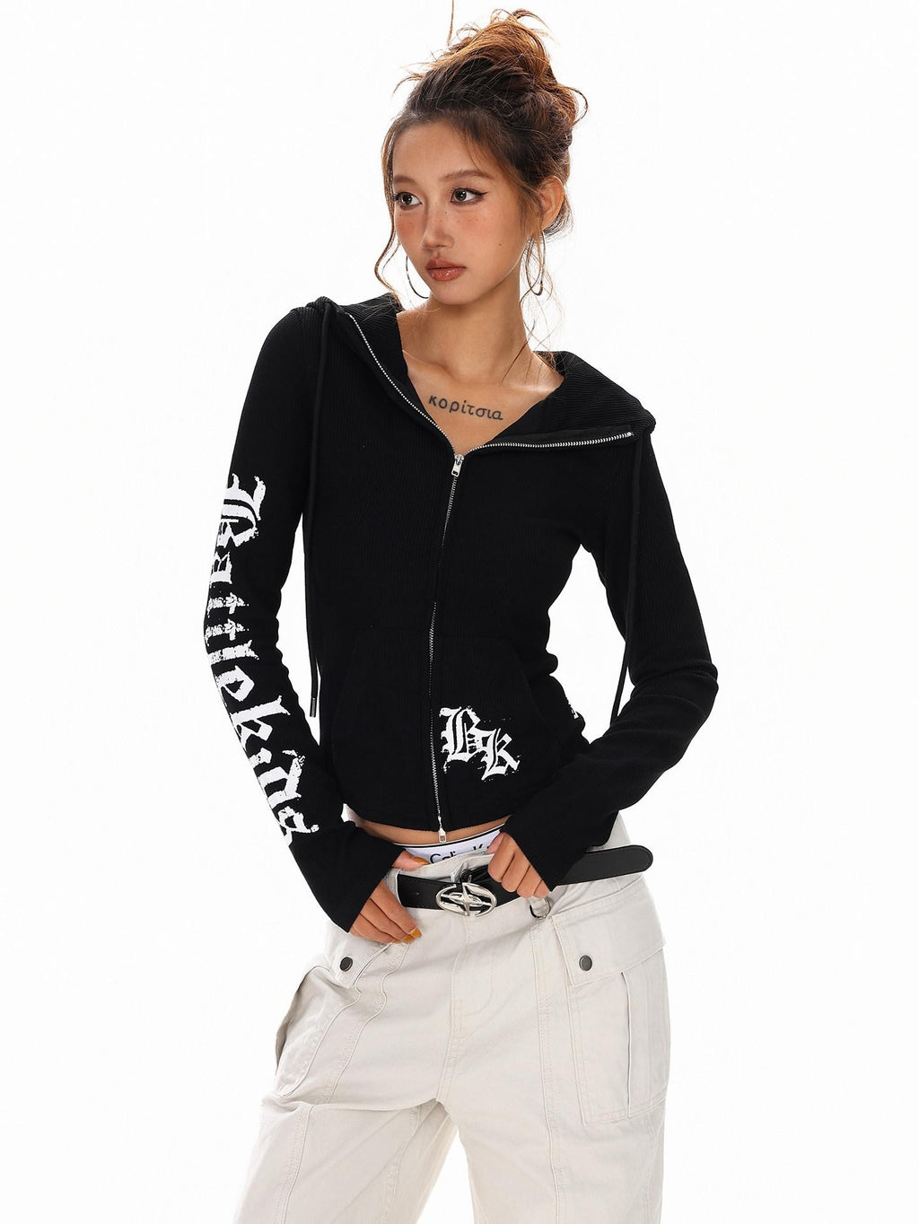 XPKAEAX Cropped Gothic Cross Print Hooded Zip Slim Women's Sweatshirts