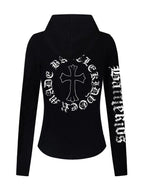 XPKAEAX Cropped Gothic Cross Print Hooded Zip Slim Women's Sweatshirts