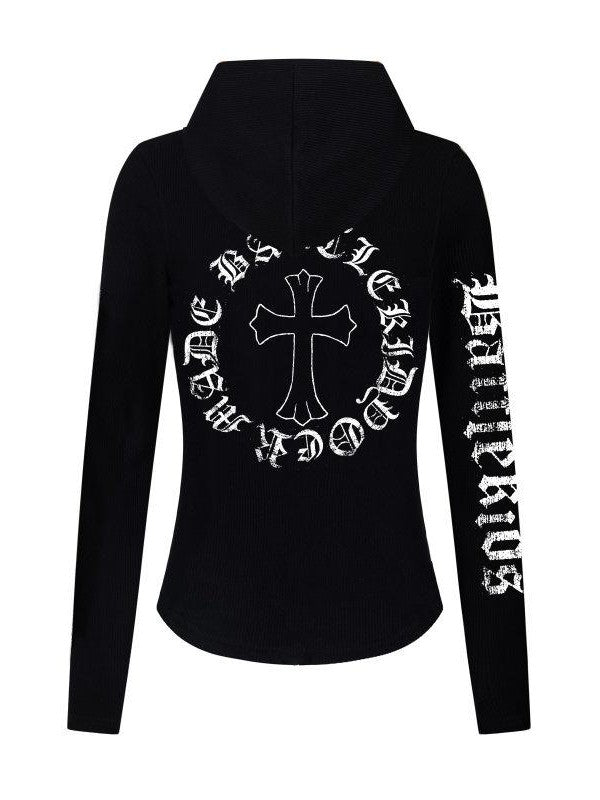 XPKAEAX Cropped Gothic Cross Print Hooded Zip Slim Women's Sweatshirts