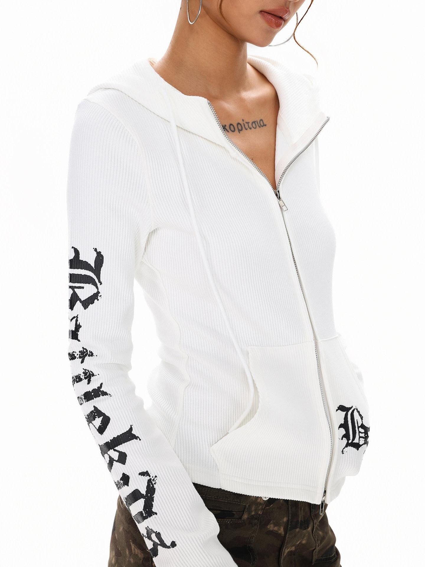 XPKAEAX Cropped Gothic Cross Print Hooded Zip Slim Women's Sweatshirts