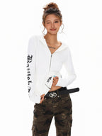 XPKAEAX Cropped Gothic Cross Print Hooded Zip Slim Women's Sweatshirts