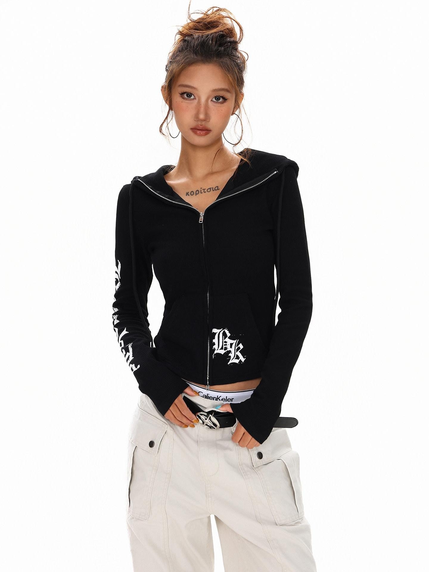 XPKAEAX Cropped Gothic Cross Print Hooded Zip Slim Women's Sweatshirts