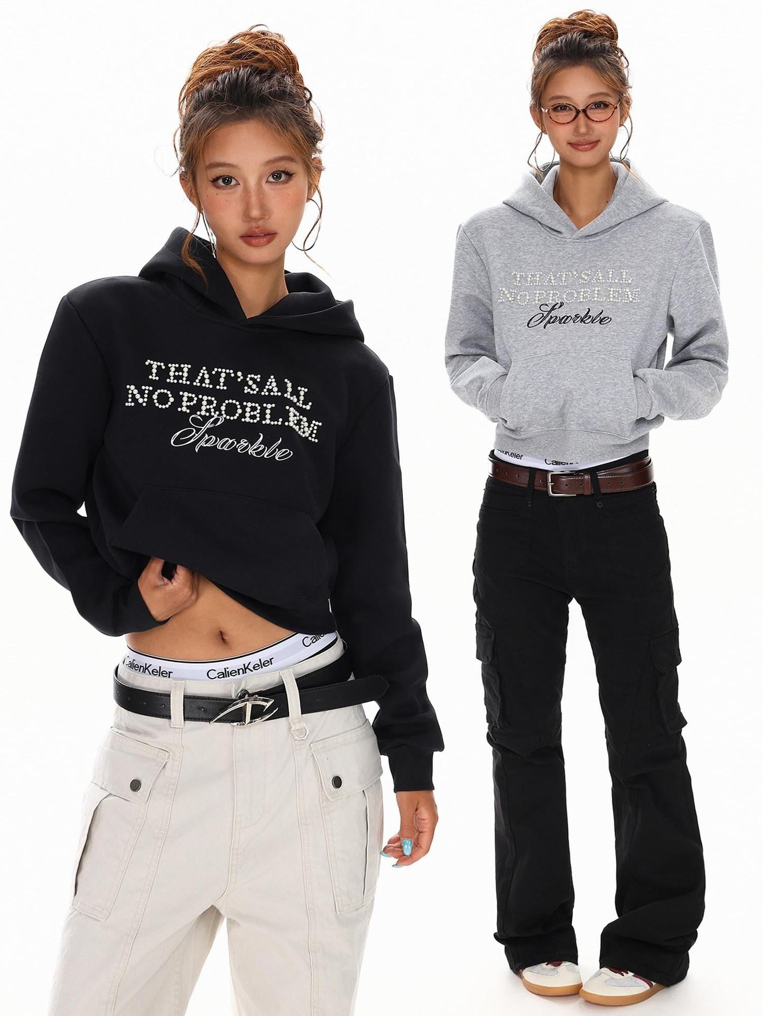 XPKAEAX Cropped Pearl Beaded Letter Oversized Streetwear Women's Hoodies