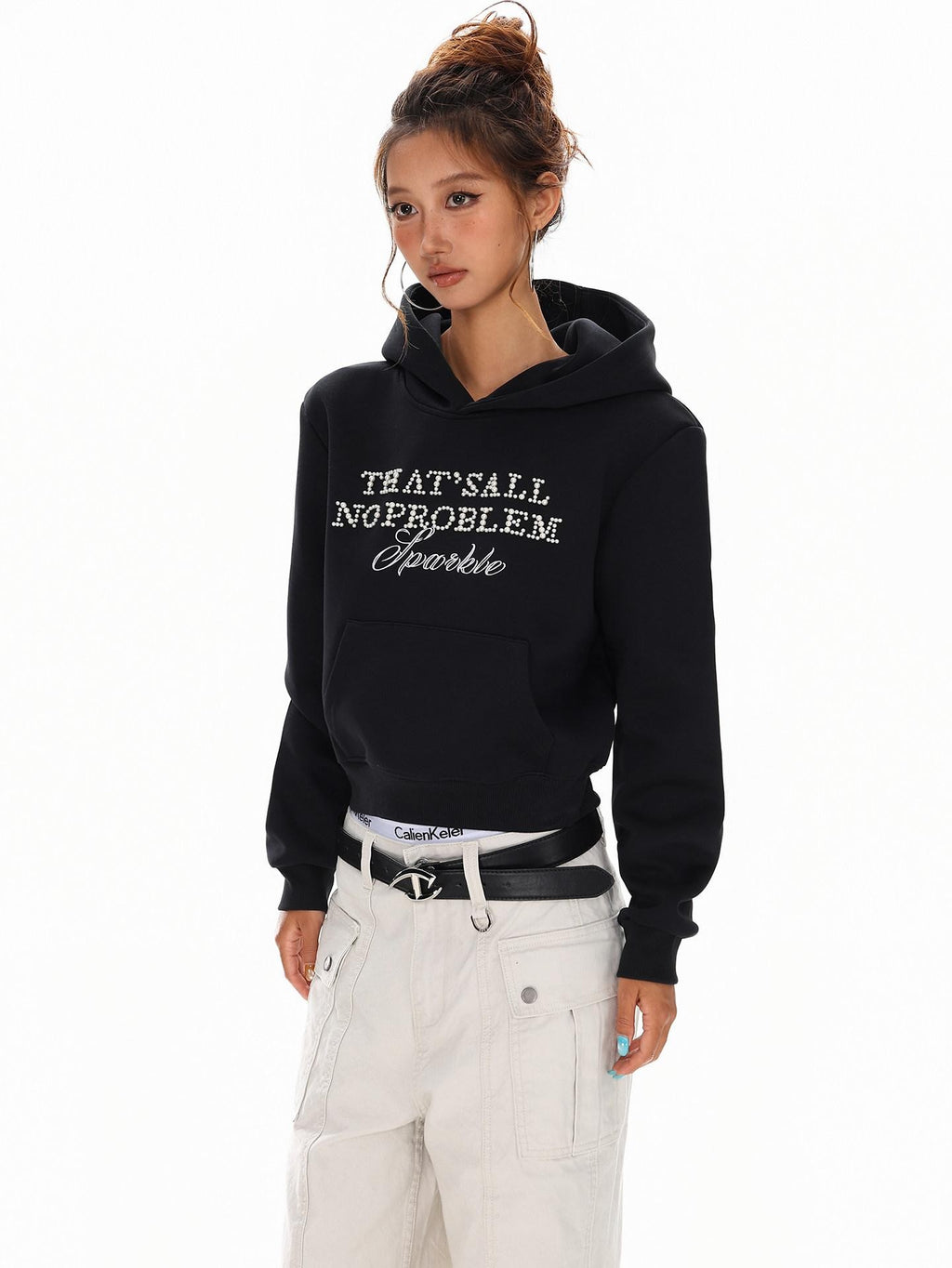 XPKAEAX Cropped Pearl Beaded Letter Oversized Streetwear Women's Hoodies