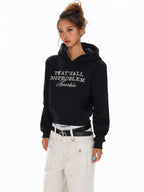 XPKAEAX Cropped Pearl Beaded Letter Oversized Streetwear Women's Hoodies