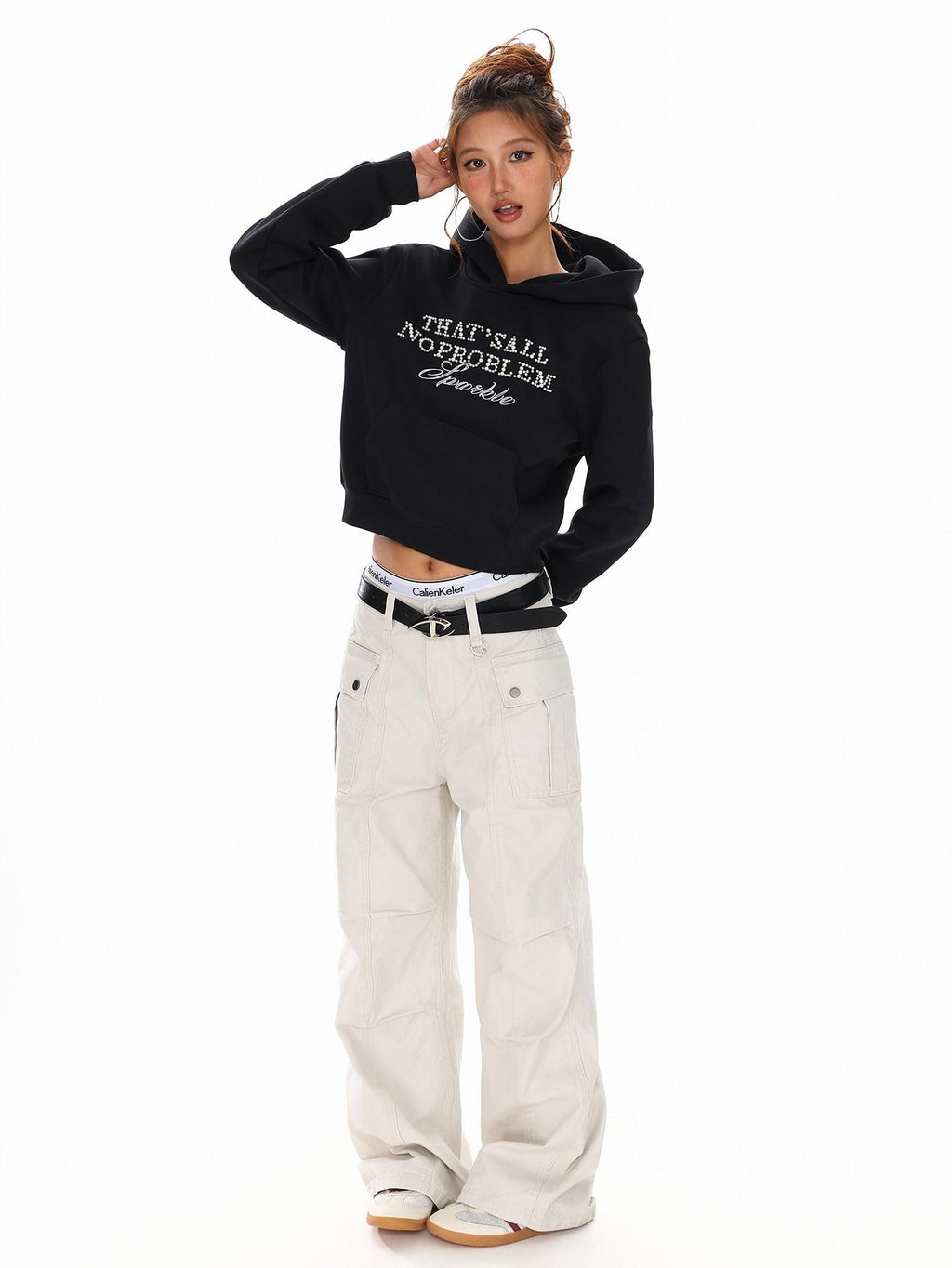 XPKAEAX Cropped Pearl Beaded Letter Oversized Streetwear Women's Hoodies