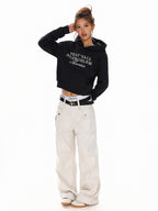 XPKAEAX Cropped Pearl Beaded Letter Oversized Streetwear Women's Hoodies