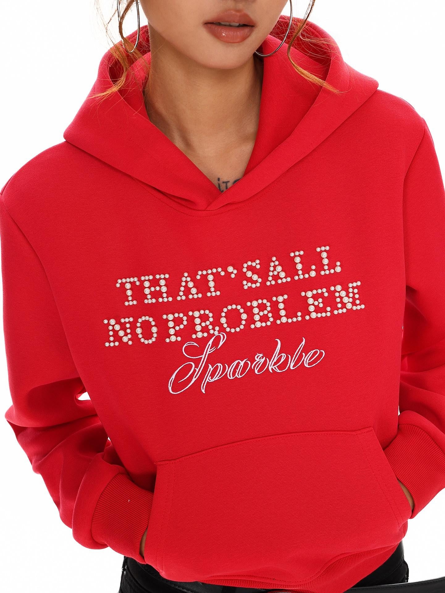 XPKAEAX Cropped Pearl Beaded Letter Oversized Streetwear Women's Hoodies