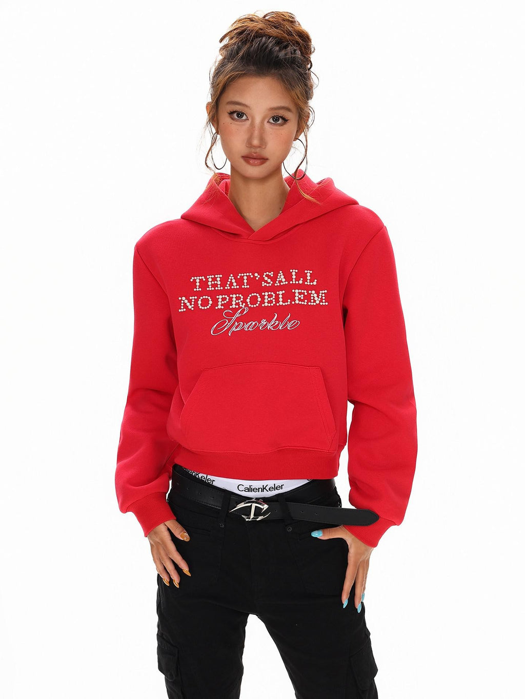 XPKAEAX Cropped Pearl Beaded Letter Oversized Streetwear Women's Hoodies
