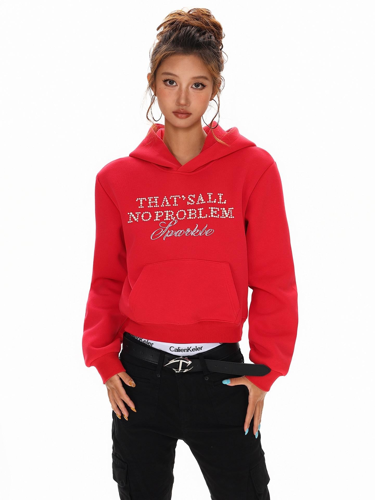 XPKAEAX Cropped Pearl Beaded Letter Oversized Streetwear Women's Hoodies