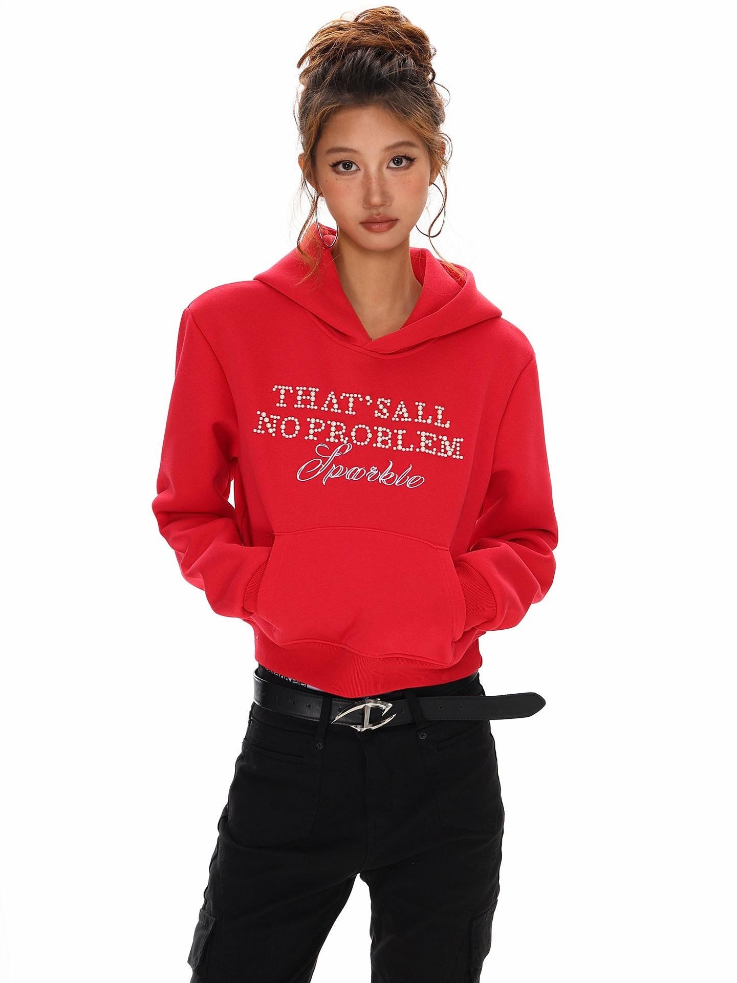 XPKAEAX Cropped Pearl Beaded Letter Oversized Streetwear Women's Hoodies