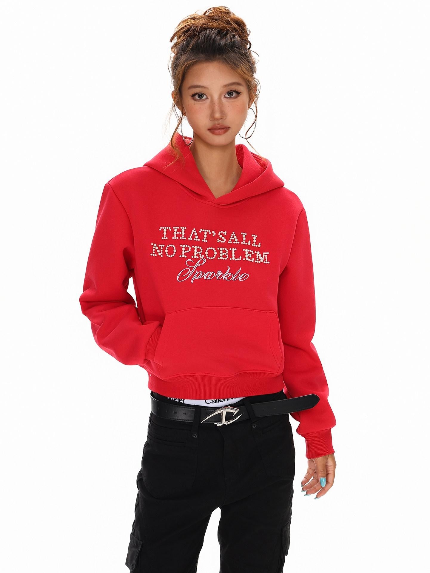 XPKAEAX Cropped Pearl Beaded Letter Oversized Streetwear Women's Hoodies