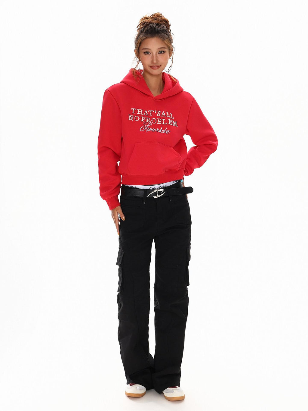 XPKAEAX Cropped Pearl Beaded Letter Oversized Streetwear Women's Hoodies