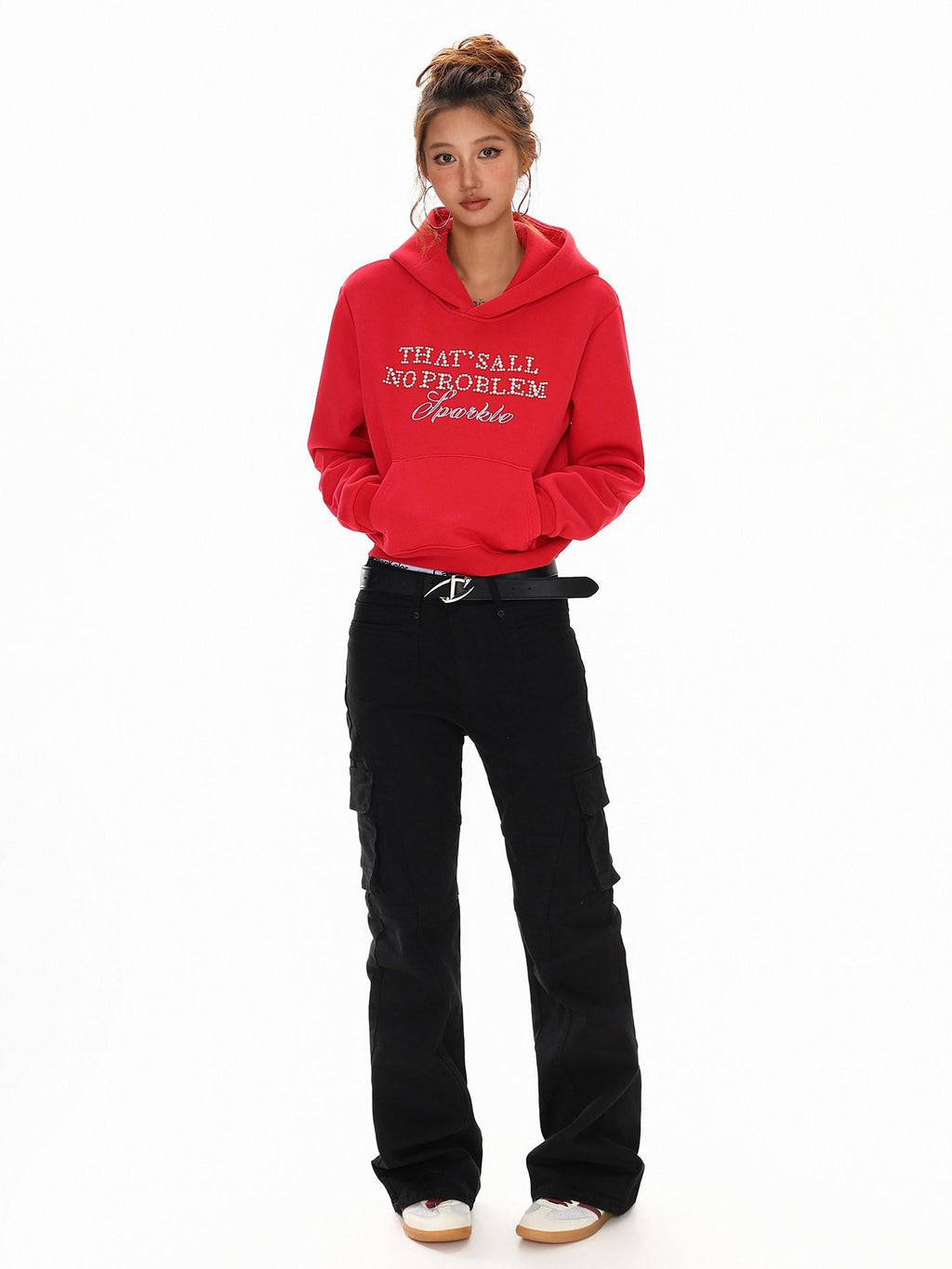 XPKAEAX Cropped Pearl Beaded Letter Oversized Streetwear Women's Hoodies