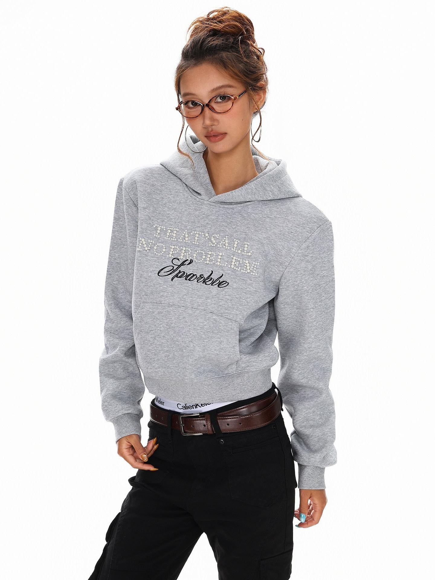 XPKAEAX Cropped Pearl Beaded Letter Oversized Streetwear Women's Hoodies