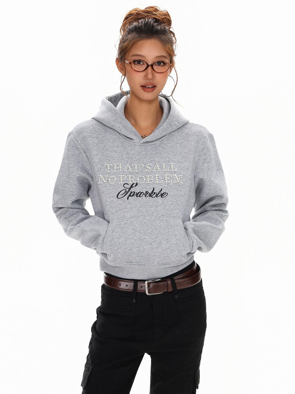 XPKAEAX Cropped Pearl Beaded Letter Oversized Streetwear Women's Hoodies