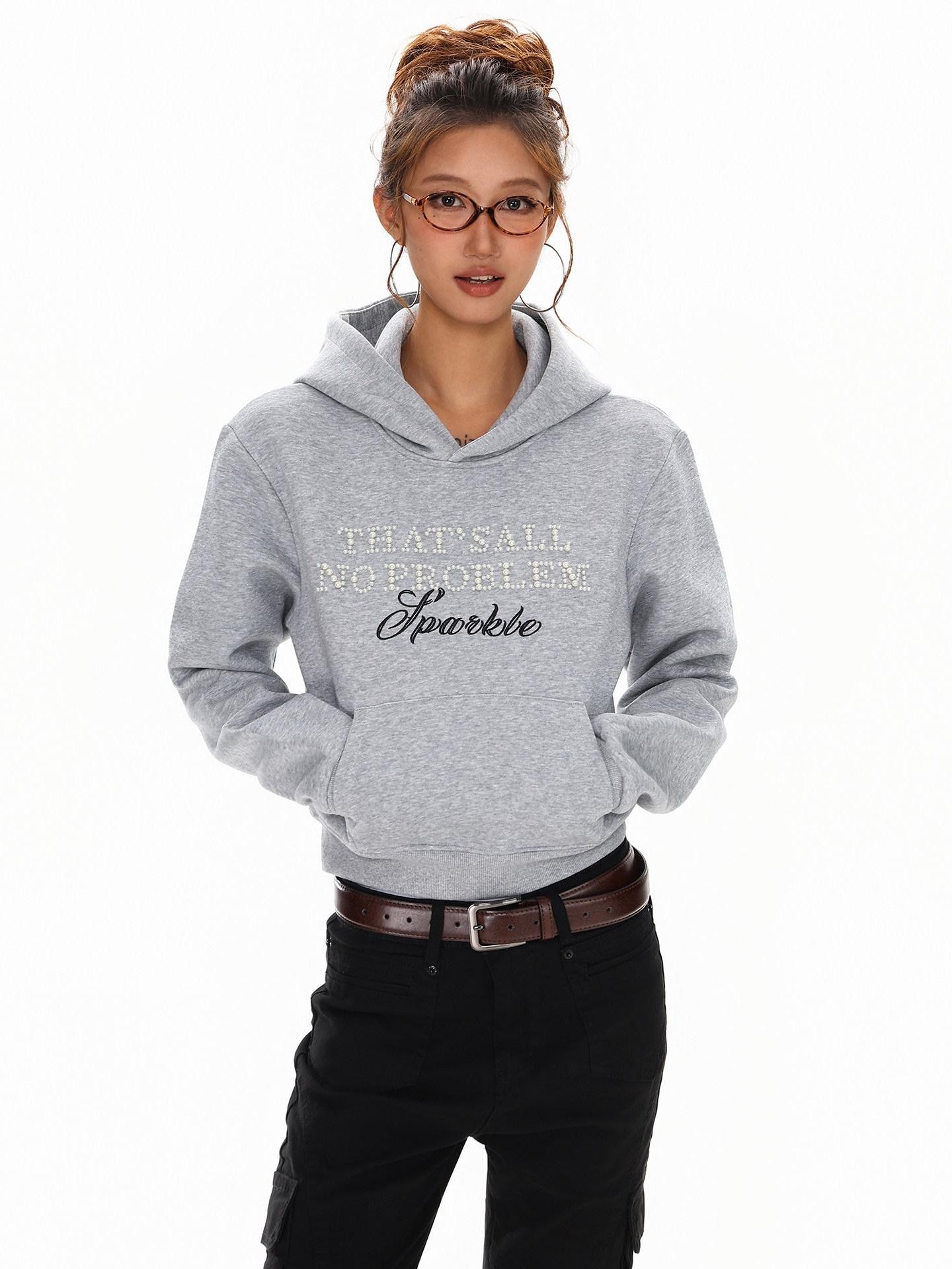 XPKAEAX Cropped Pearl Beaded Letter Oversized Streetwear Women's Hoodies