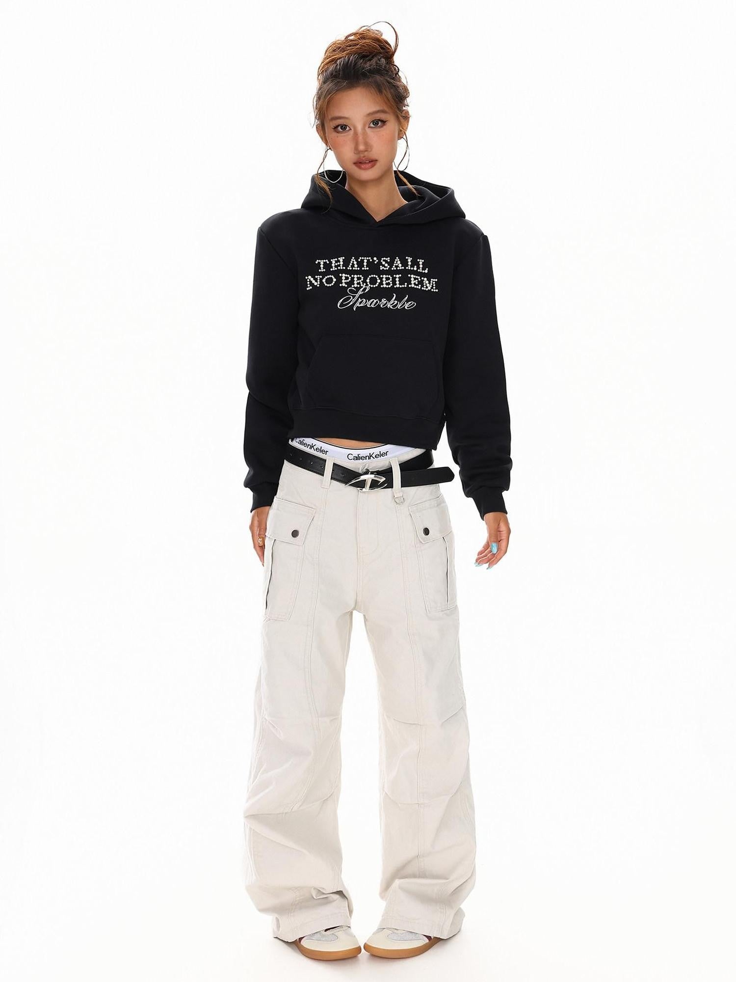 XPKAEAX Cropped Pearl Beaded Letter Oversized Streetwear Women's Hoodies