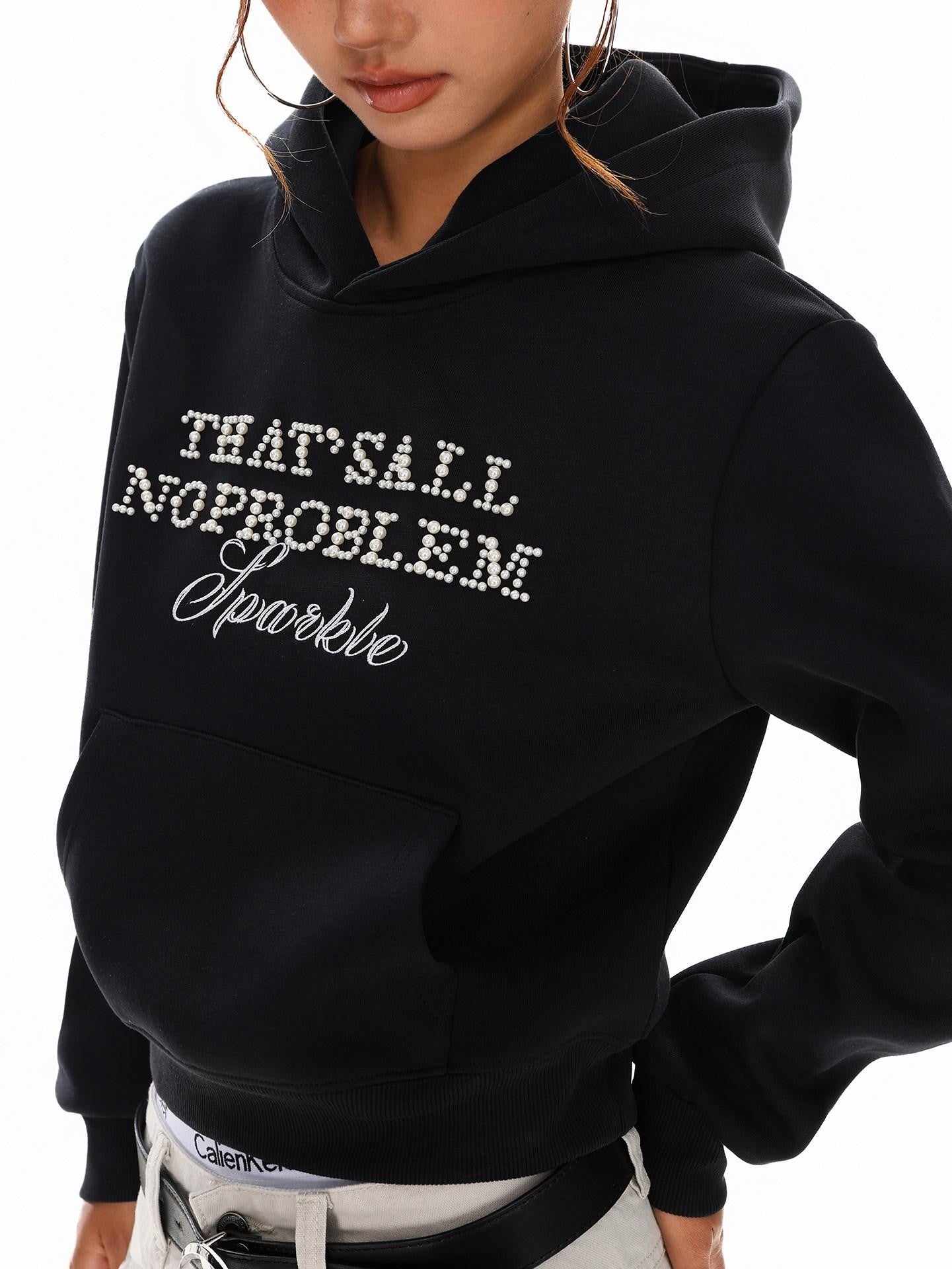 XPKAEAX Cropped Pearl Beaded Letter Oversized Streetwear Women's Hoodies