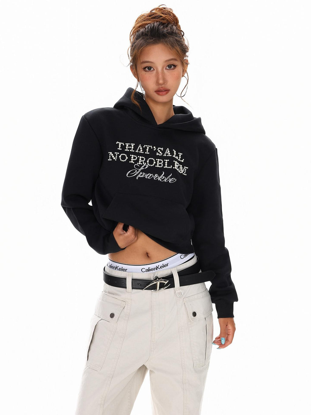 XPKAEAX Cropped Pearl Beaded Letter Oversized Streetwear Women's Hoodies
