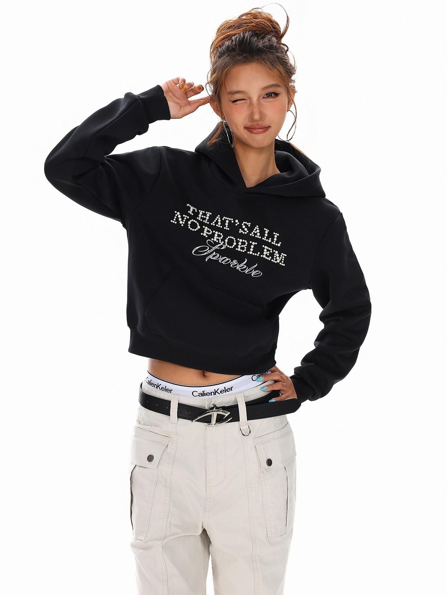 XPKAEAX Cropped Pearl Beaded Letter Oversized Streetwear Women's Hoodies
