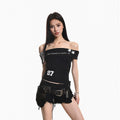 XPKAEAX Cropped Printed One Shoulder Waist Cinch Fitted Women's Short Sleeve T-shirts 1034034099696