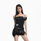 XPKAEAX Cropped Printed One Shoulder Waist Cinch Fitted Women's Short Sleeve T-shirts 1034034099696
